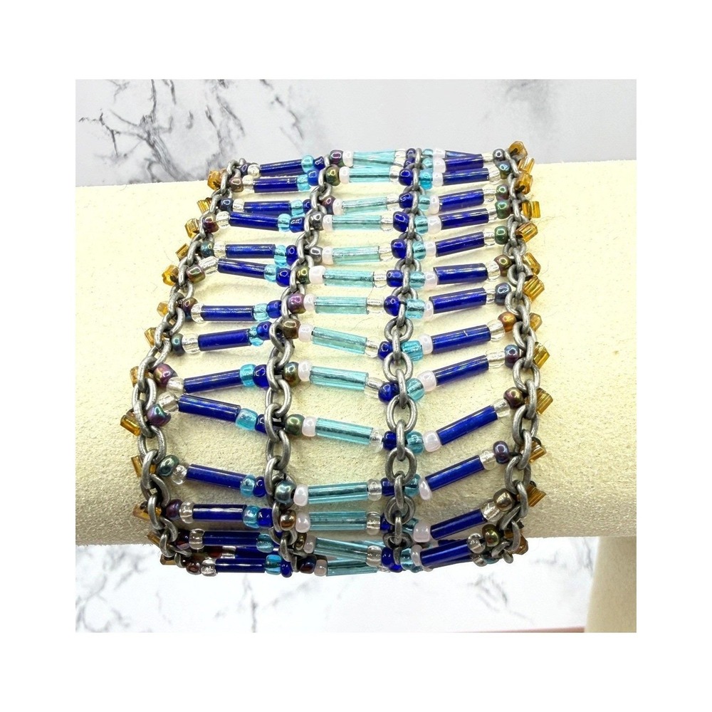Wide Blue Bugle Bead Bracelet 4 Row Beaded Cuff Boho Festival Chain Rails